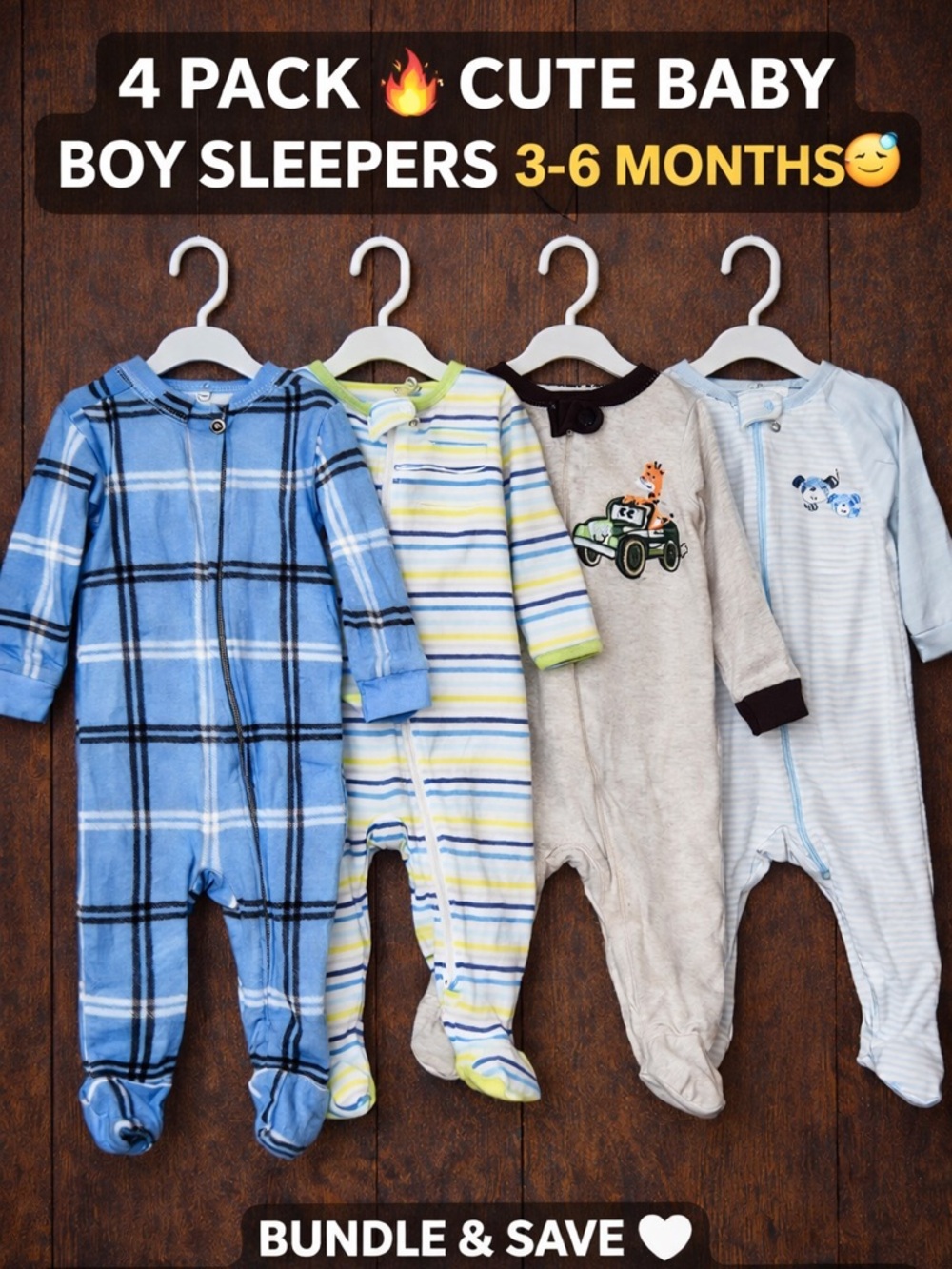 4PC Baby Boy Sleeper Bundle 3-6M Zip Footed Pajamas Carters Blue Plaid Striped